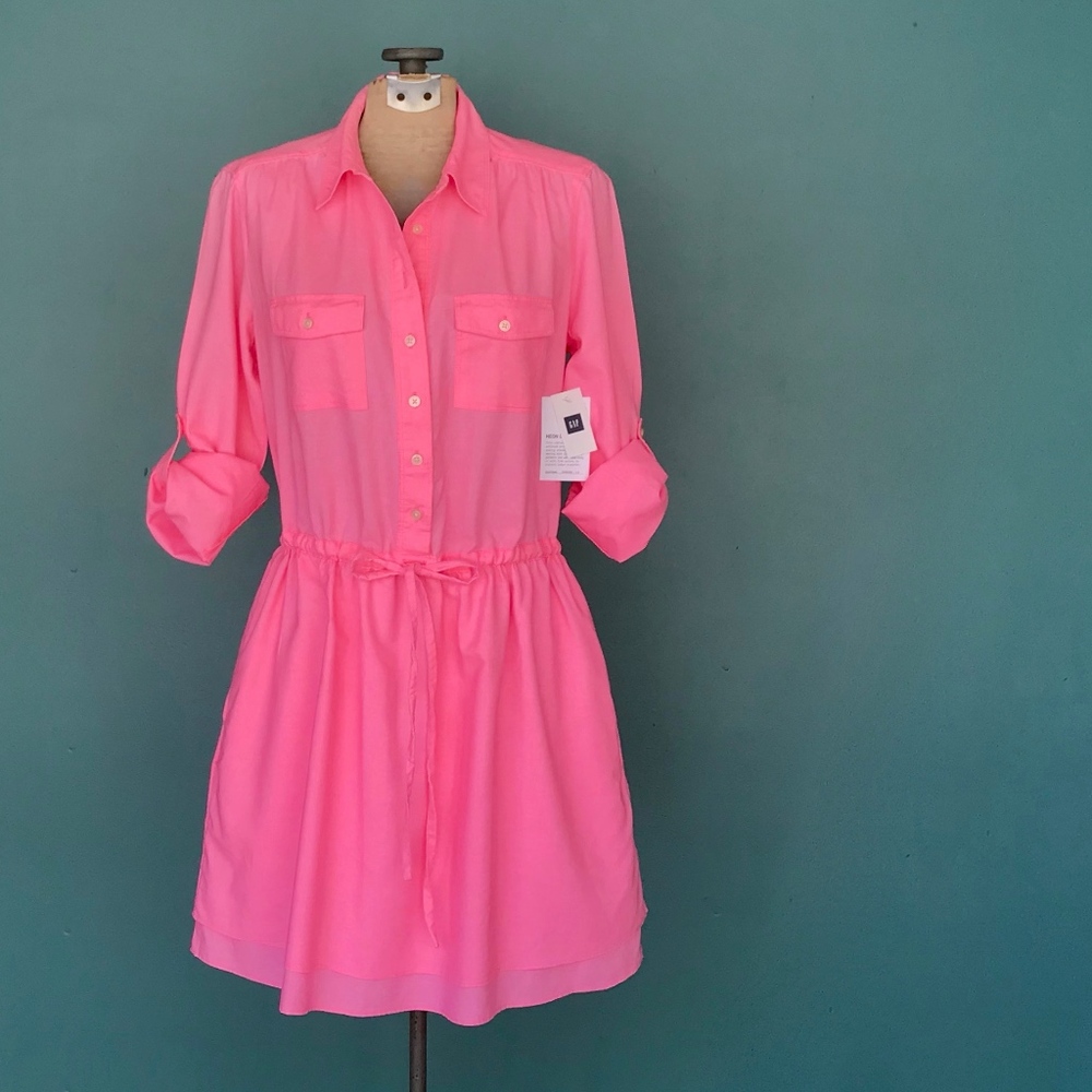 Gap Neon Pink Dress Cotton Pink Shirt Dress